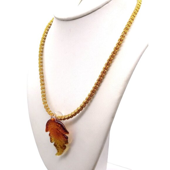 Dichroic Art Glass Autumn Leaf Pendant on Unique Gold Tone Chain, Beautiful - Picture 3 of 5